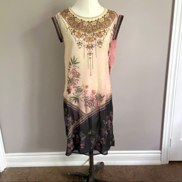 Desigual Elo Sheer Floral Chiffon Flapper Bejeweled Neckline Midi Knee Dress - S - Picture 13 of 14